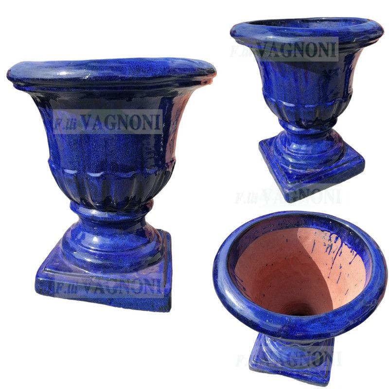 VASO A CALICE IN TERRACOTTA SMALTATA BLU' COBALTO CM. 55